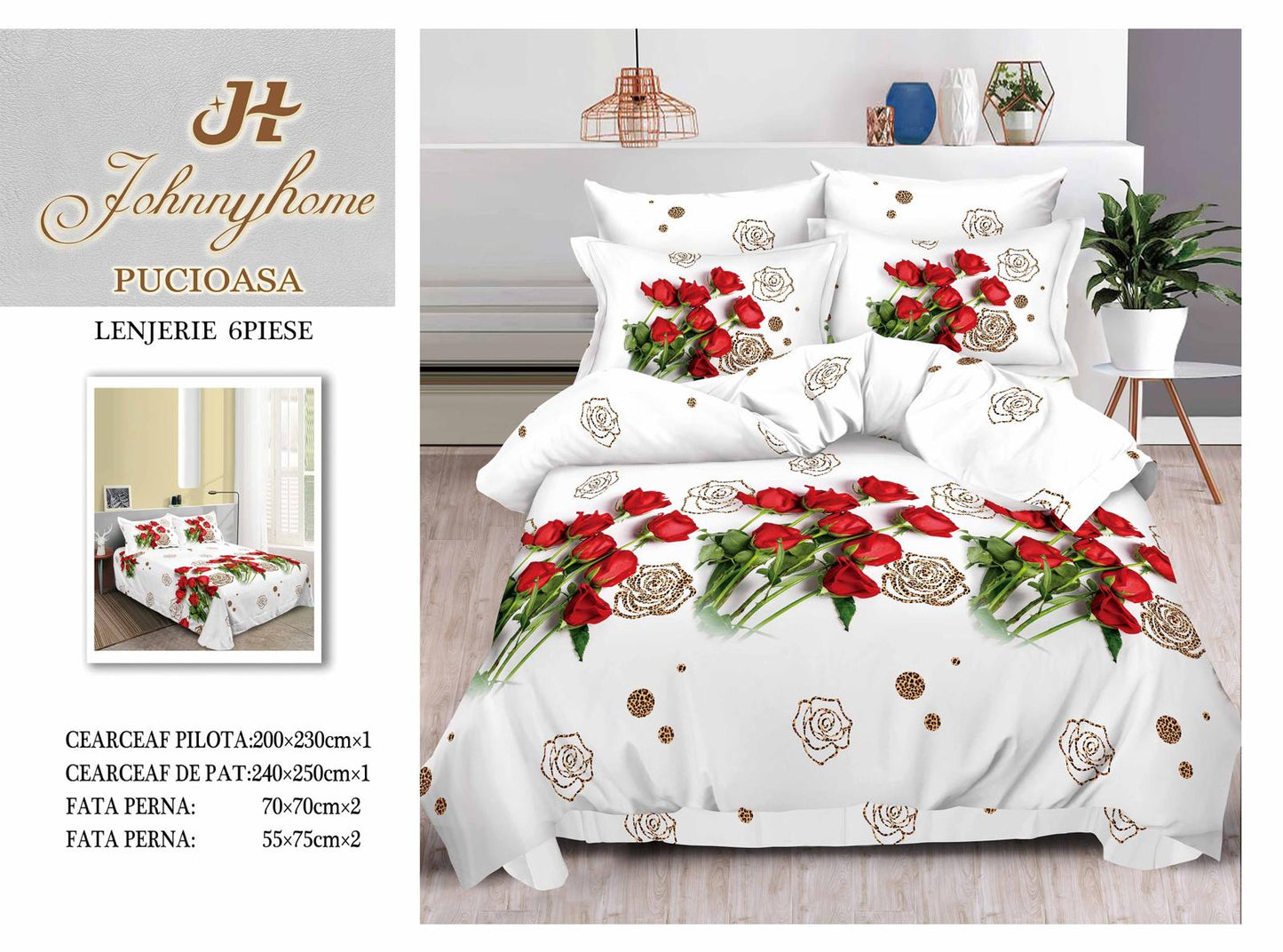 Lenjerie 3D Pat Dublu Bumbac Satinat cu 6 Piese, Trandafiri-H8831