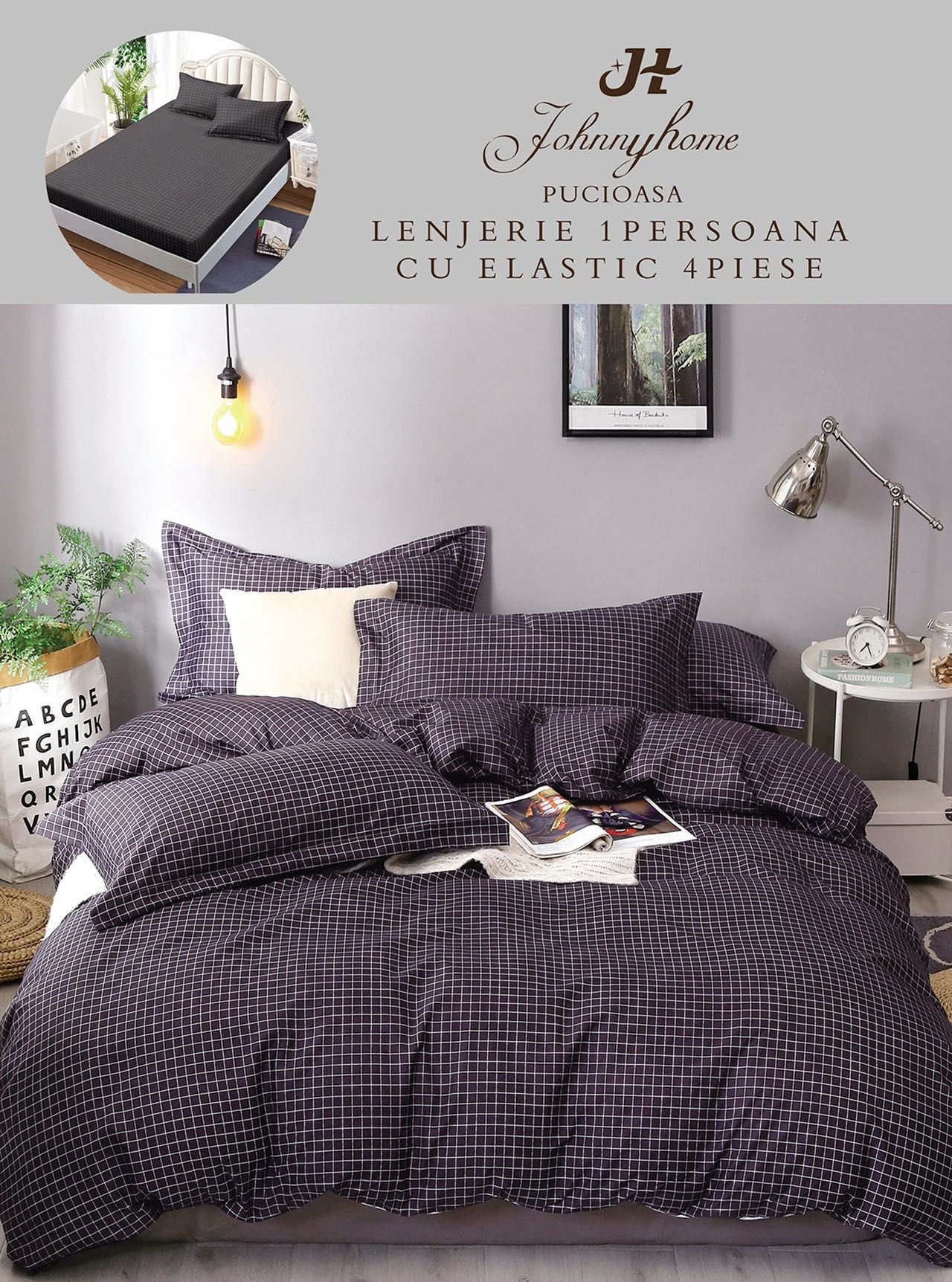 Lenjerie 4 Piese 1 Persoana, cu Elastic, din Bumbac Satinat, Patratele-H9030