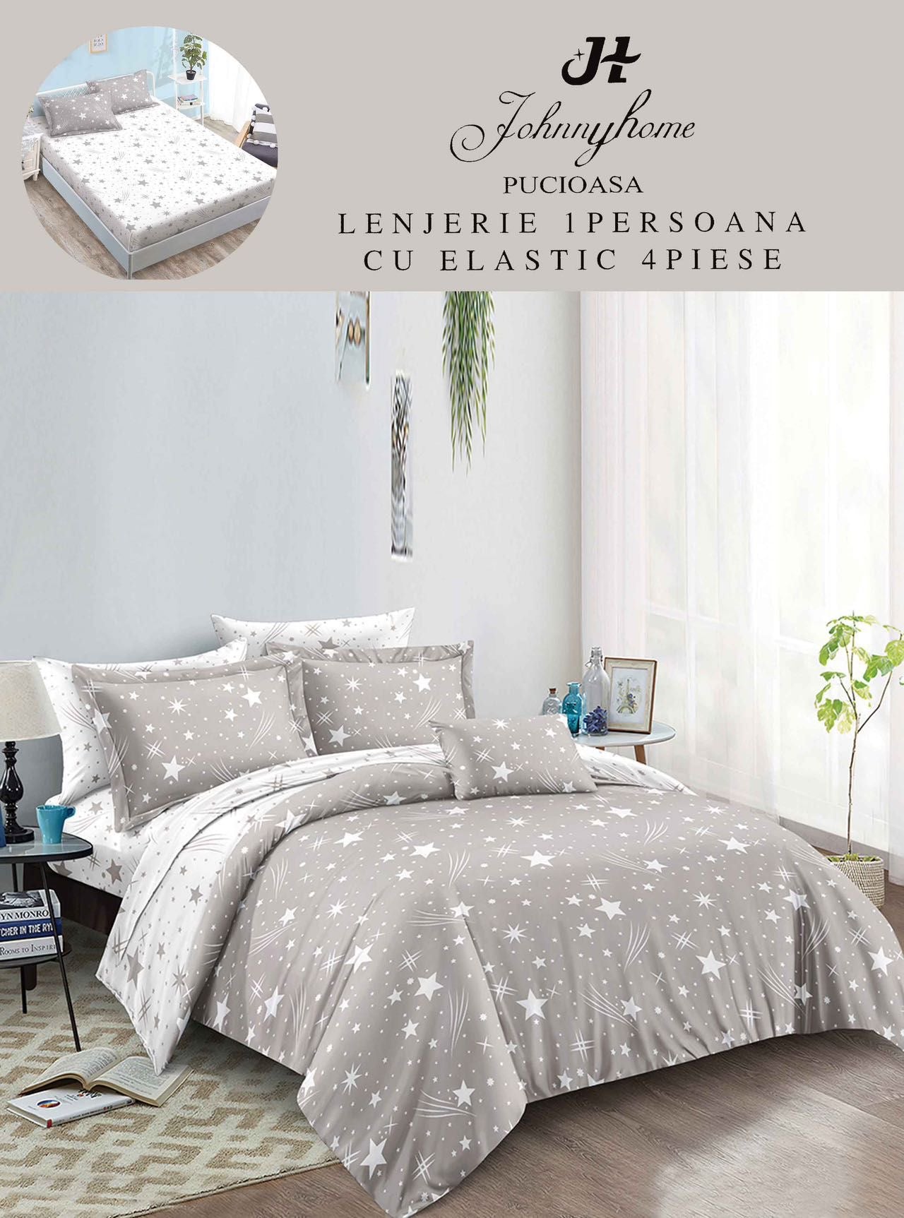 Lenjerie 4 Piese 1 Persoana, cu Elastic, din Bumbac Satinat, Gri/Stele-H9031