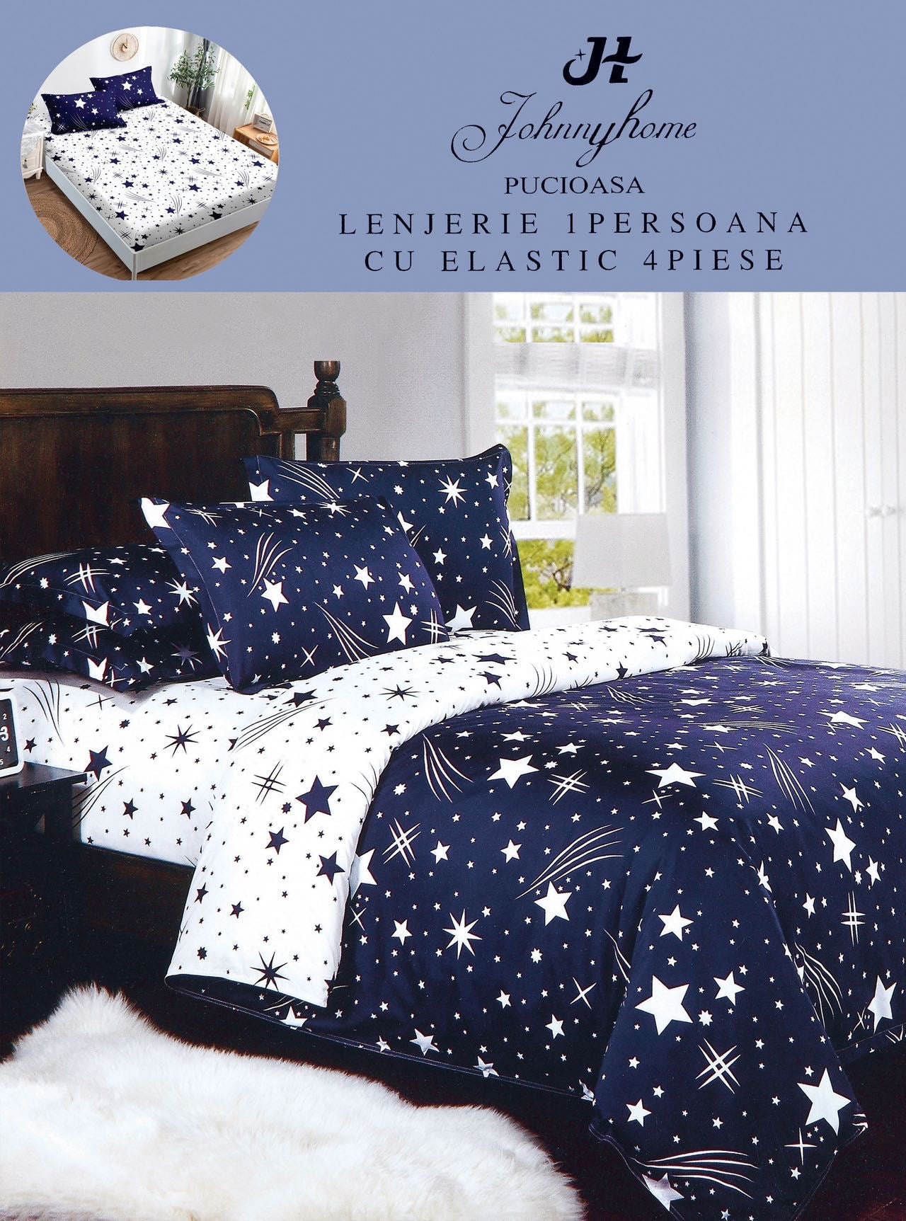 Lenjerie 4 Piese 1 Persoana, cu Elastic, din Bumbac Satinat, Stelute-H9035