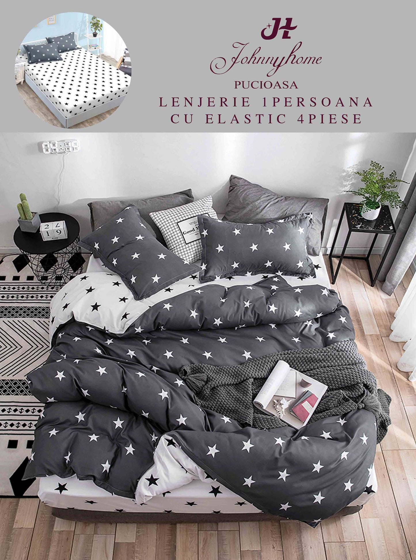 Lenjerie 4 Piese 1 Persoana, cu Elastic, din Bumbac Satinat, Stele-H9033