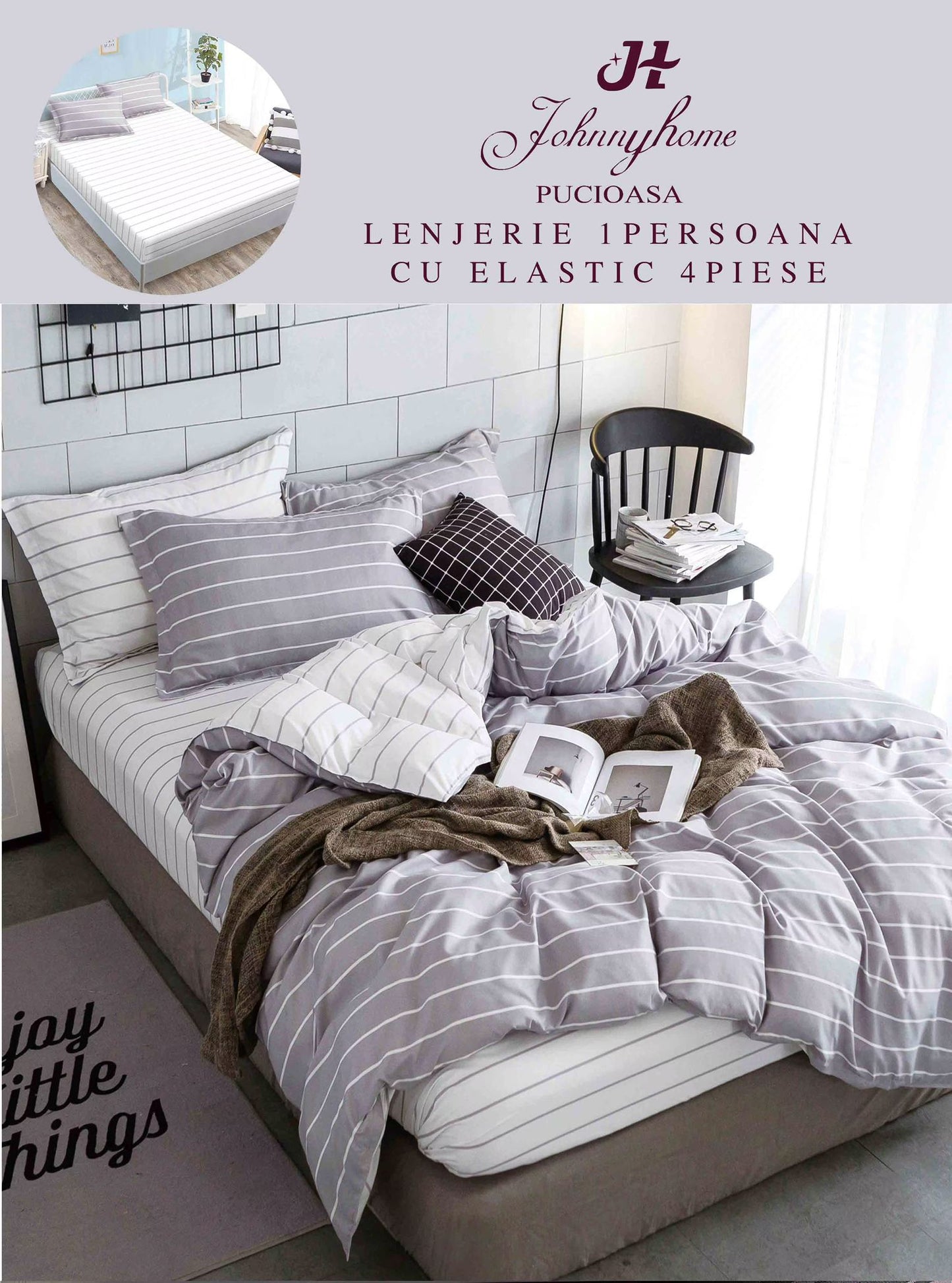 Lenjerie 4 Piese 1 Persoana, cu Elastic, din Bumbac Satinat, Dungi-H9020