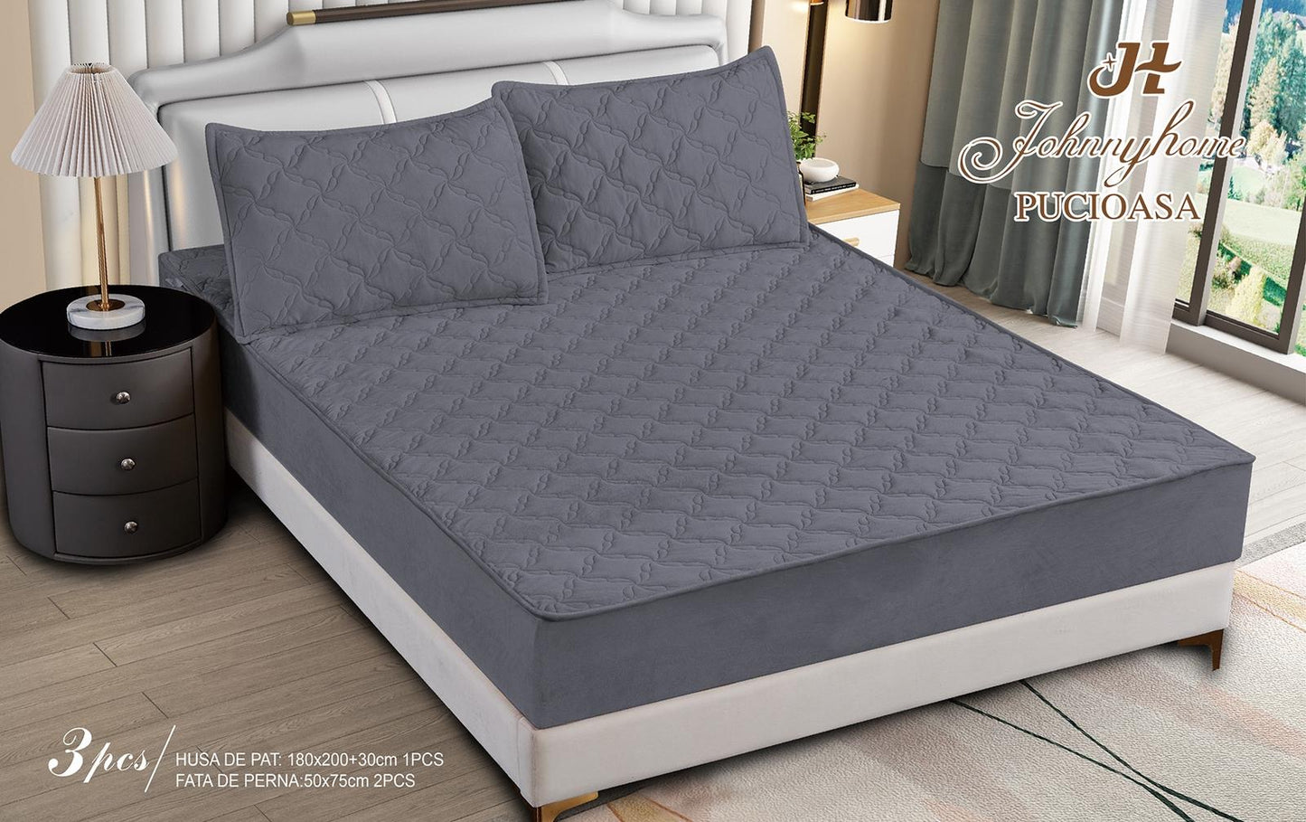 Husa matlasata tip topper din catifea, 180x200cm+2 fete de perna 50x70cm, Gri Sobolan-H9183