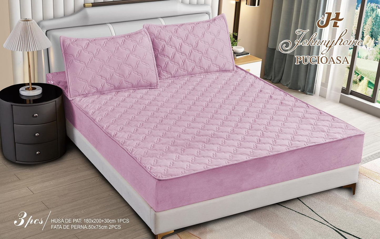 Husa matlasata tip topper din catifea, 180x200cm+2 fete de perna 50x70cm, Roz Inchis-H9179