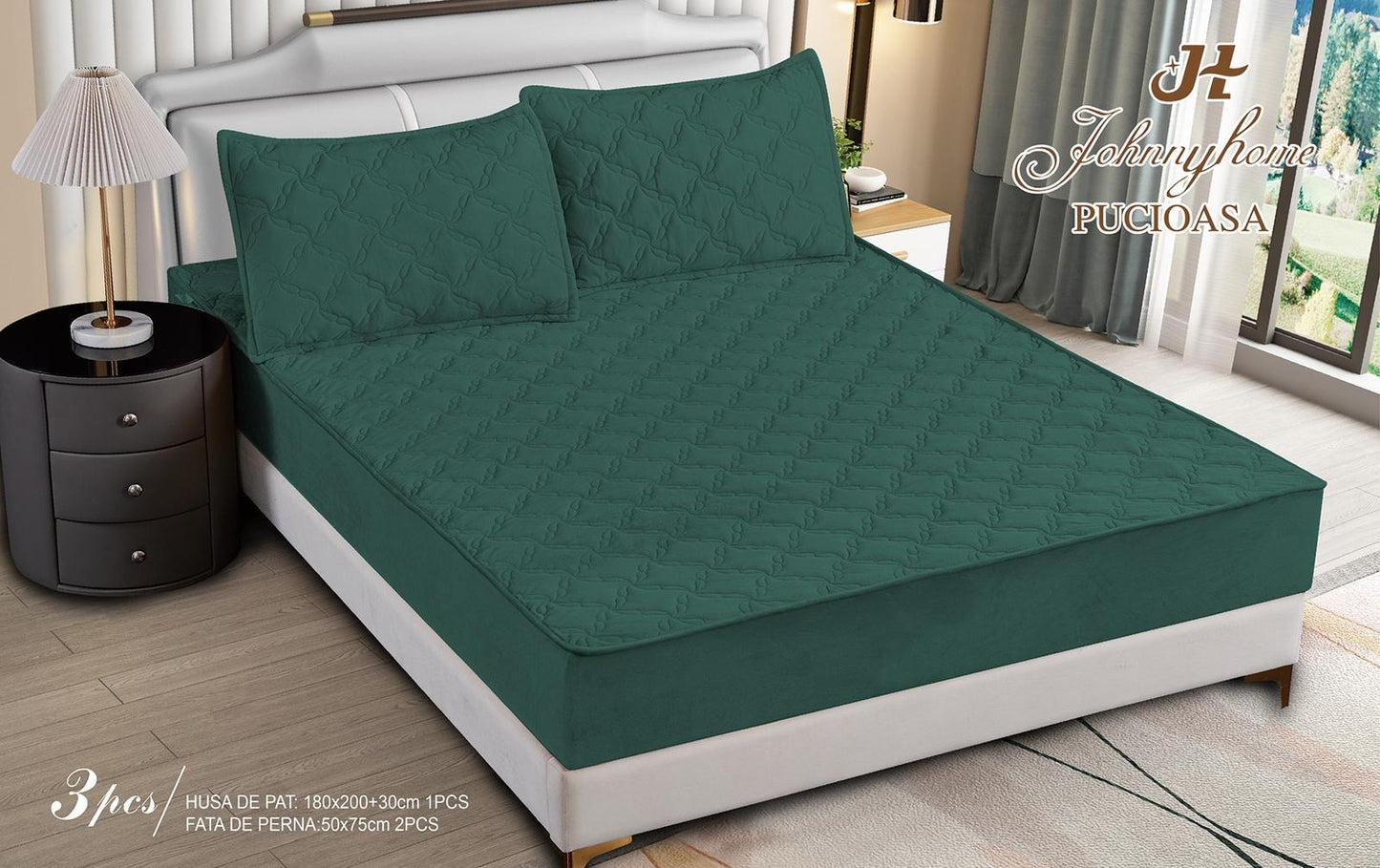 Husa matlasata tip topper din catifea, 180x200cm+2 fete de perna 50x70cm, Verde-H9180