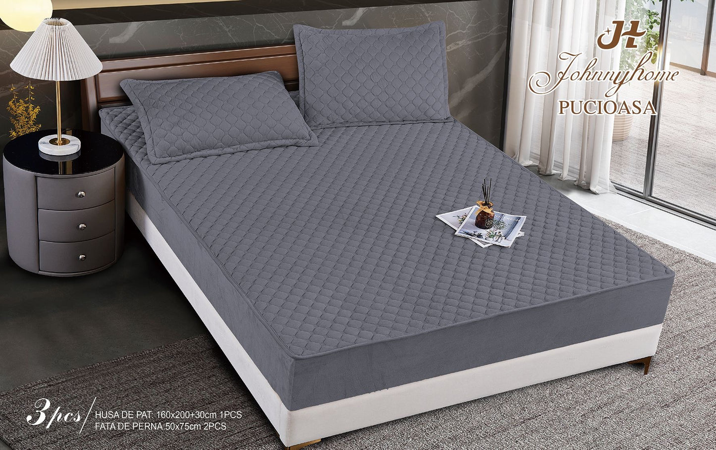 Husa matlasata tip topper din catifea, 160x200cm+2 fete de perna 50x70cm, Gri Sobolan-H9170