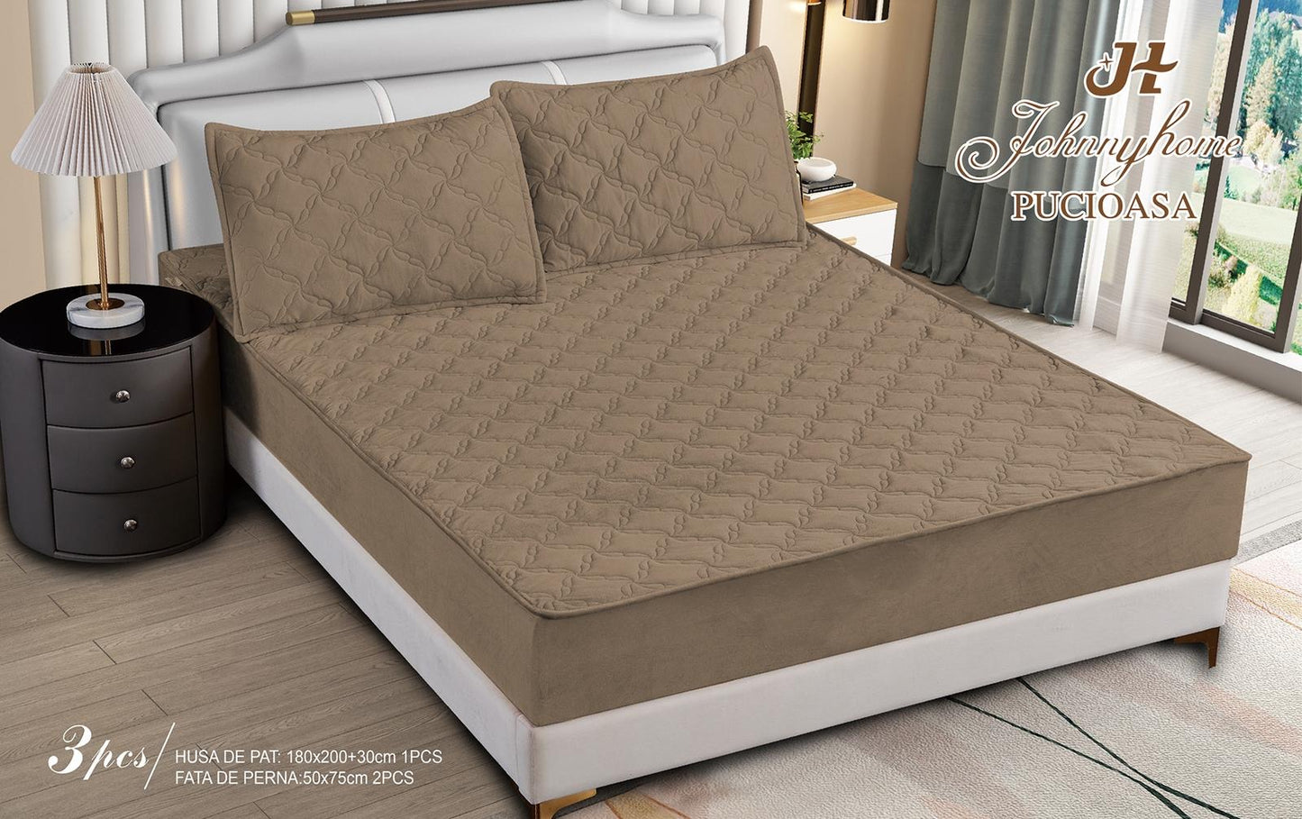 Husa matlasata tip topper din catifea, 180x200cm+2 fete de perna 50x70cm, Maroniu-H9178