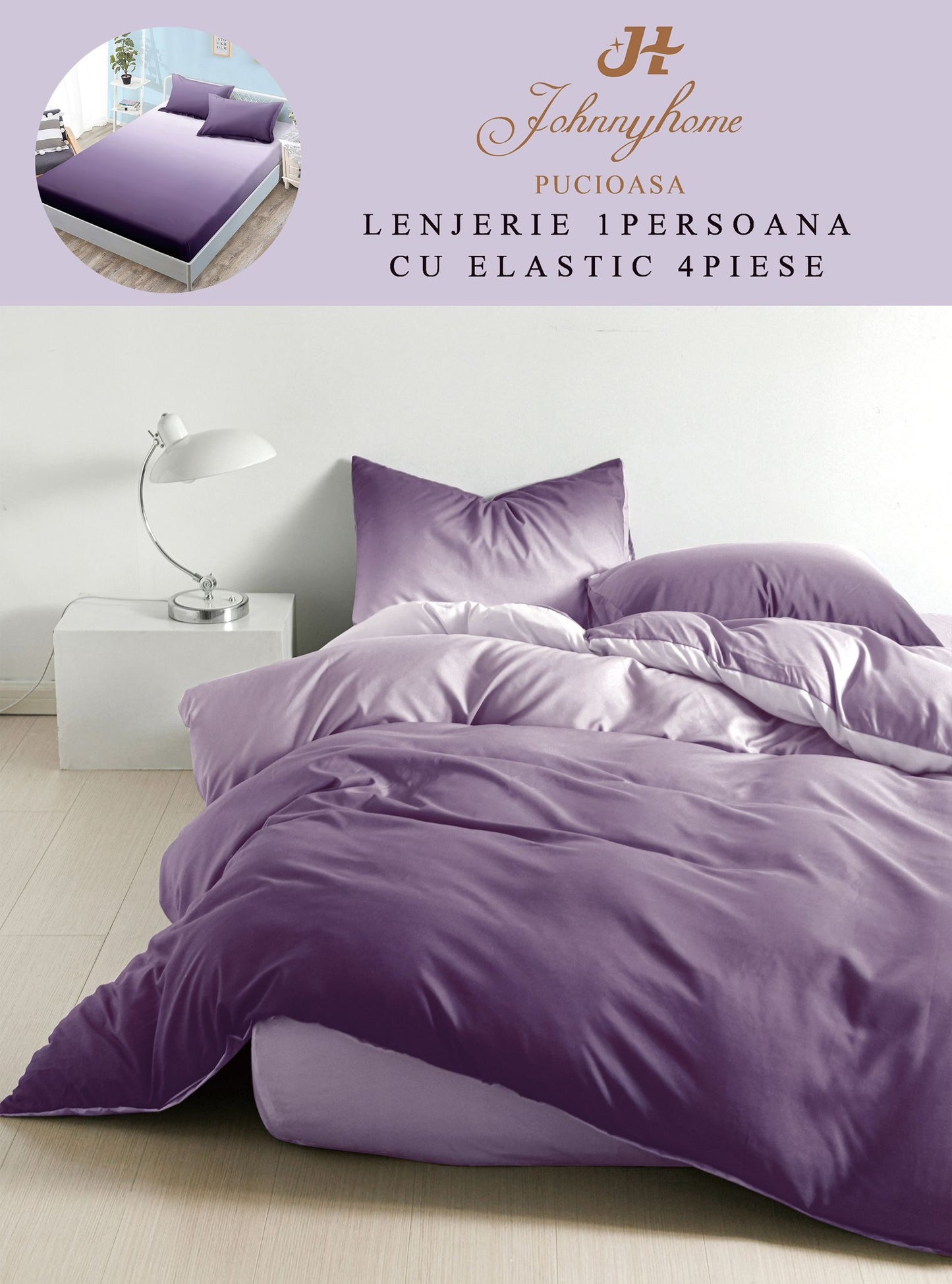 Lenjerie 4 Piese 1 Persoana, cu Elastic, din Bumbac Satinat, Mov Degrade-H9023