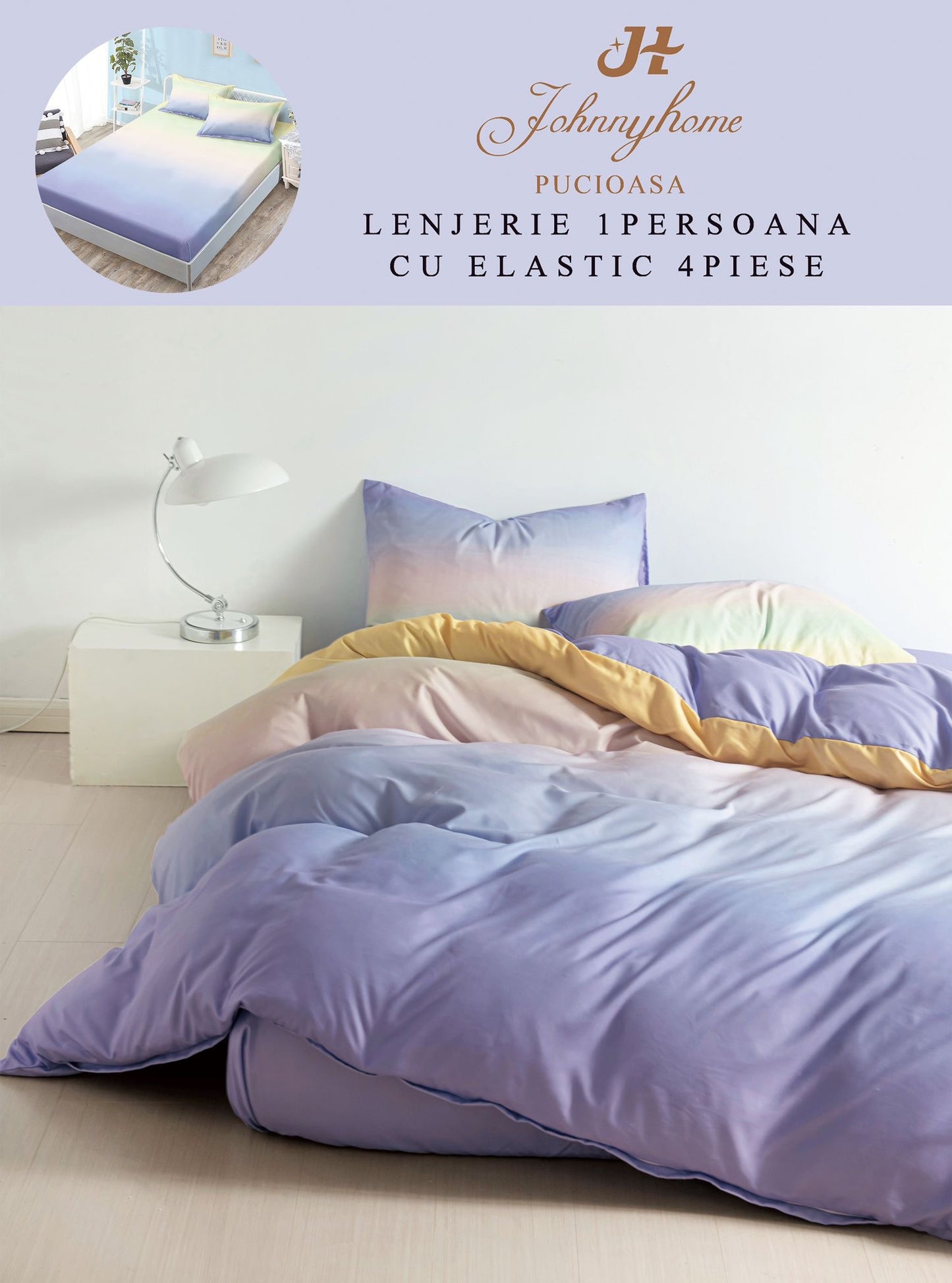 Lenjerie 4 Piese 1 Persoana, cu Elastic, din Bumbac Satinat, Lila Degrade-H9025