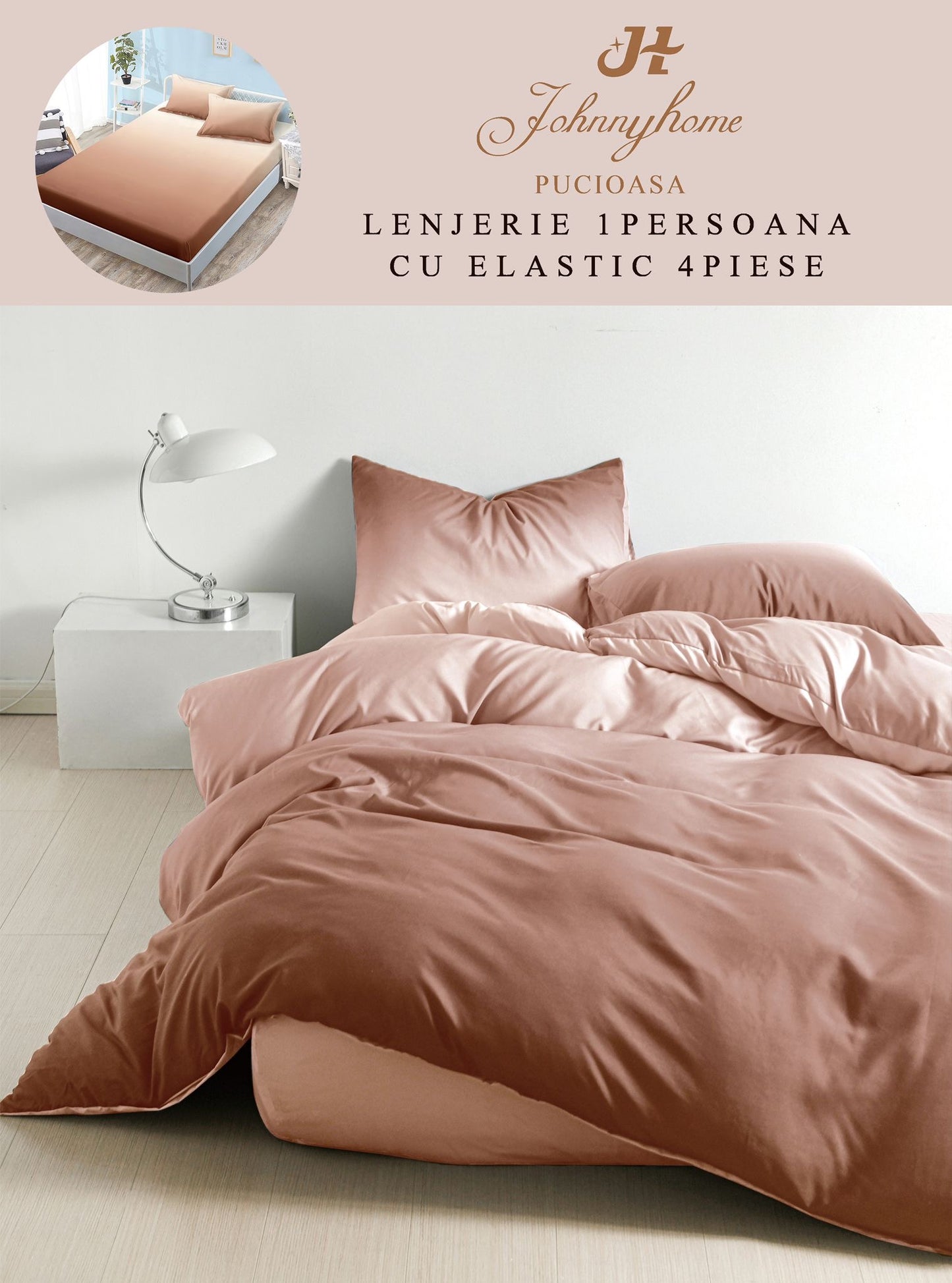 Lenjerie 4 Piese 1 Persoana, cu Elastic, din Bumbac Satinat, Bej Degrade-H9036