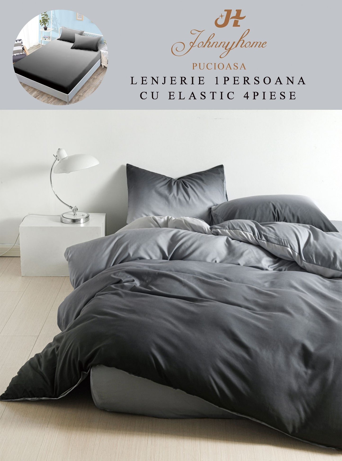 Lenjerie 4 Piese 1 Persoana, cu Elastic, din Bumbac Satinat, Gri Degrade-H9037