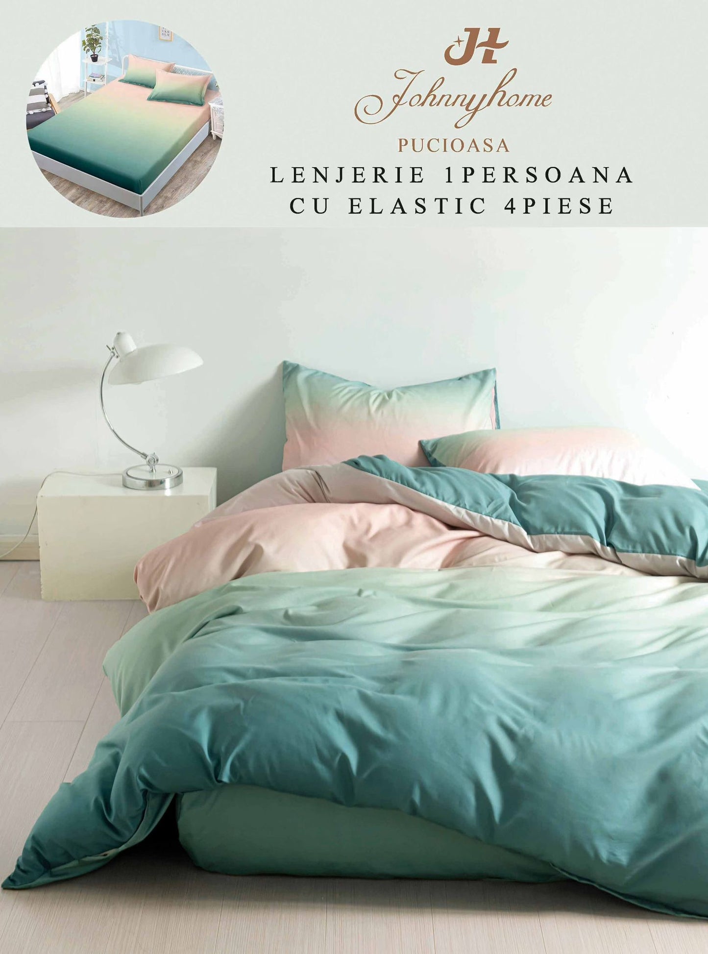 Lenjerie 4 Piese 1 Persoana, cu Elastic, din Bumbac Satinat, Vernil/Corai Degrade-H9027