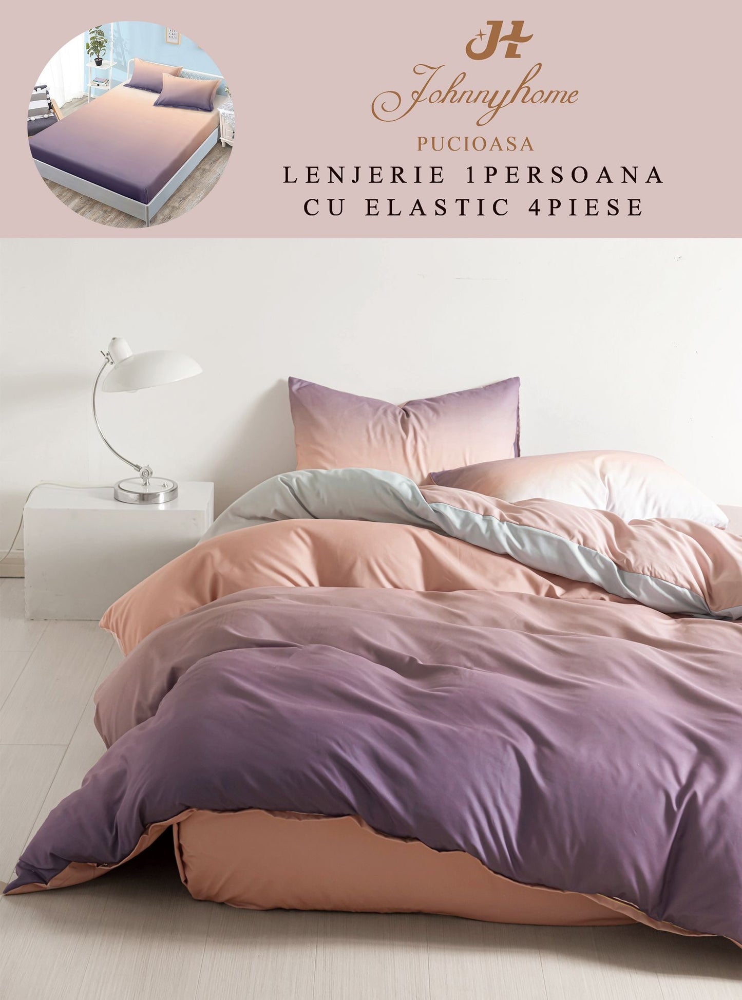 Lenjerie 4 Piese 1 Persoana, cu Elastic, din Bumbac Satinat, Mov/Corai Degrade-H9028