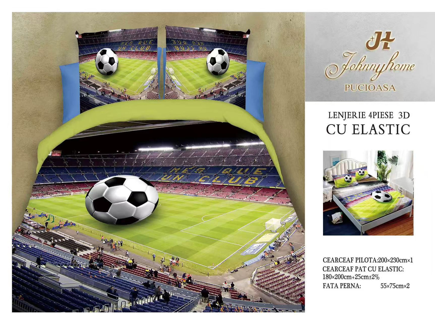 Lenjerie 3D cu Elastic din Bumbac Satinat Superior cu 4 Piese, Fotbal-H8811