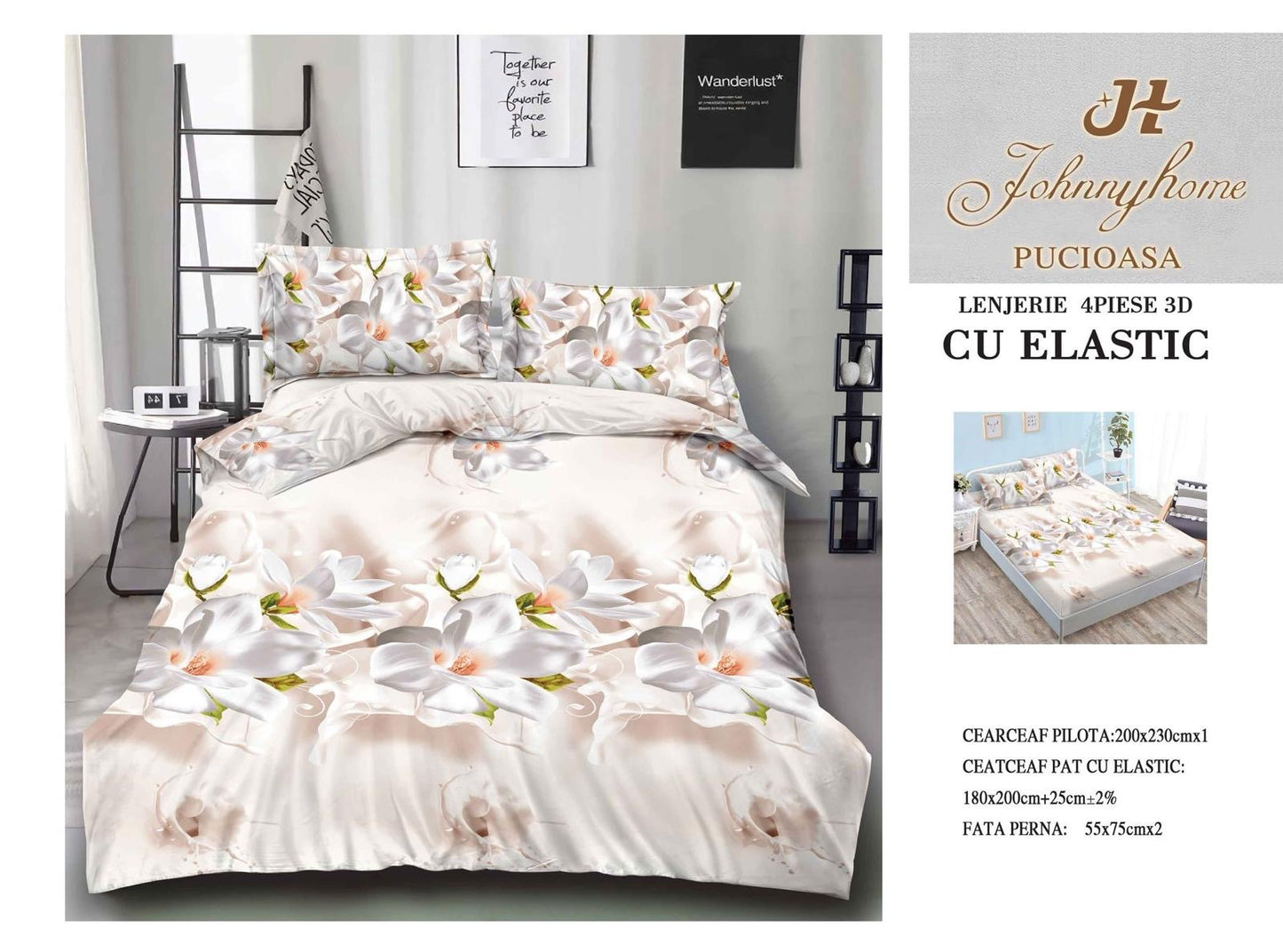 Lenjerie 3D cu Elastic din Bumbac Satinat Superior cu 4 Piese, Flori-H8816