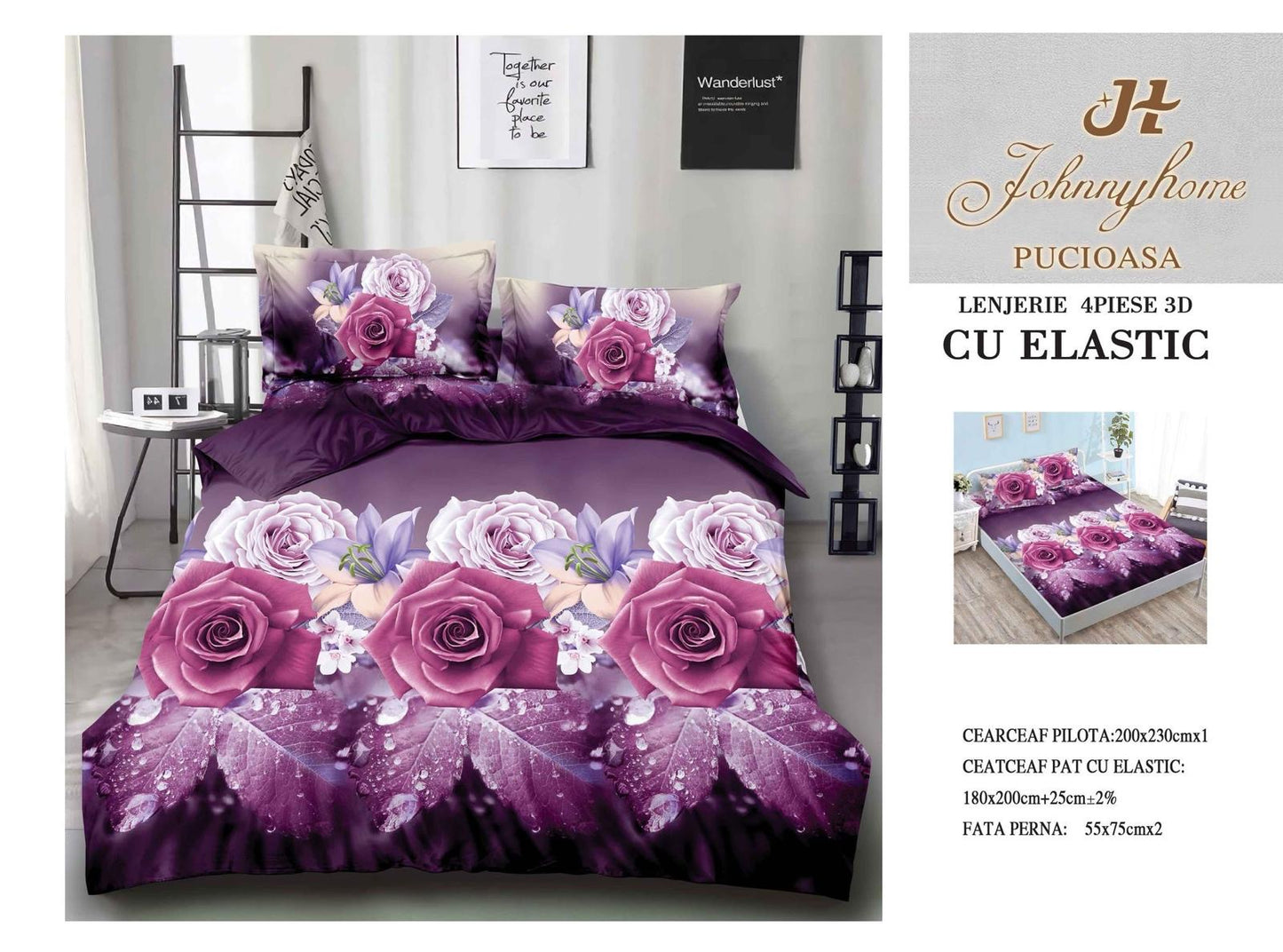 Lenjerie 3D cu Elastic din Bumbac Satinat Superior cu 4 Piese, Trandafiri-H8813