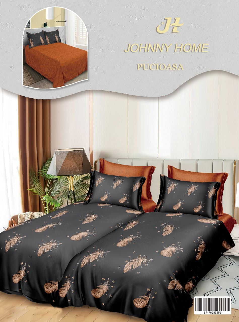 Lenjerie Pat Dublu Bumbac Satinat 7 Piese, cu 2 Cearceafuri de pilota, Pene-H8805