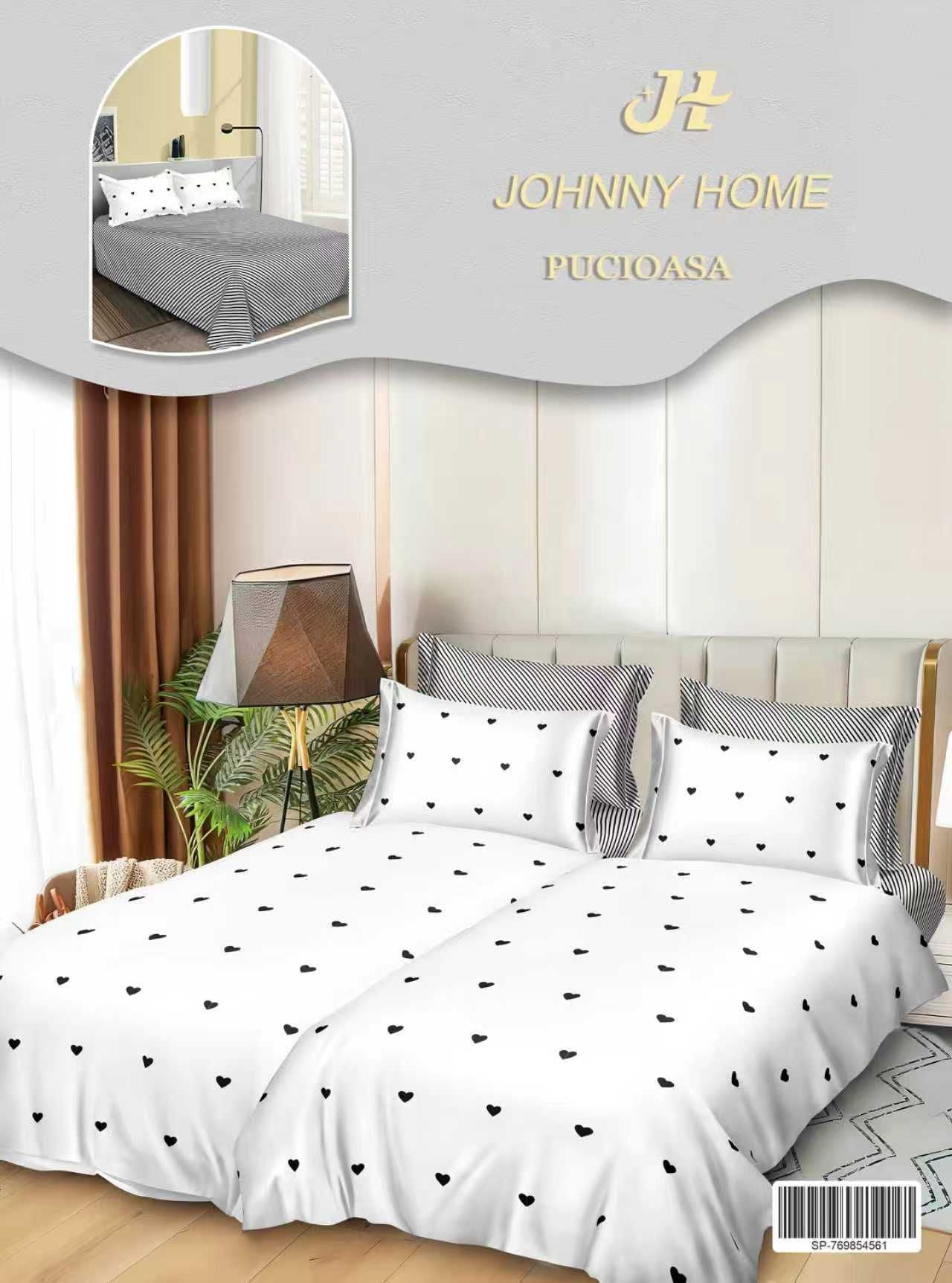 Lenjerie Pat Dublu Bumbac Satinat 7 Piese, cu 2 Cearceafuri de pilota, Inimi-H8796