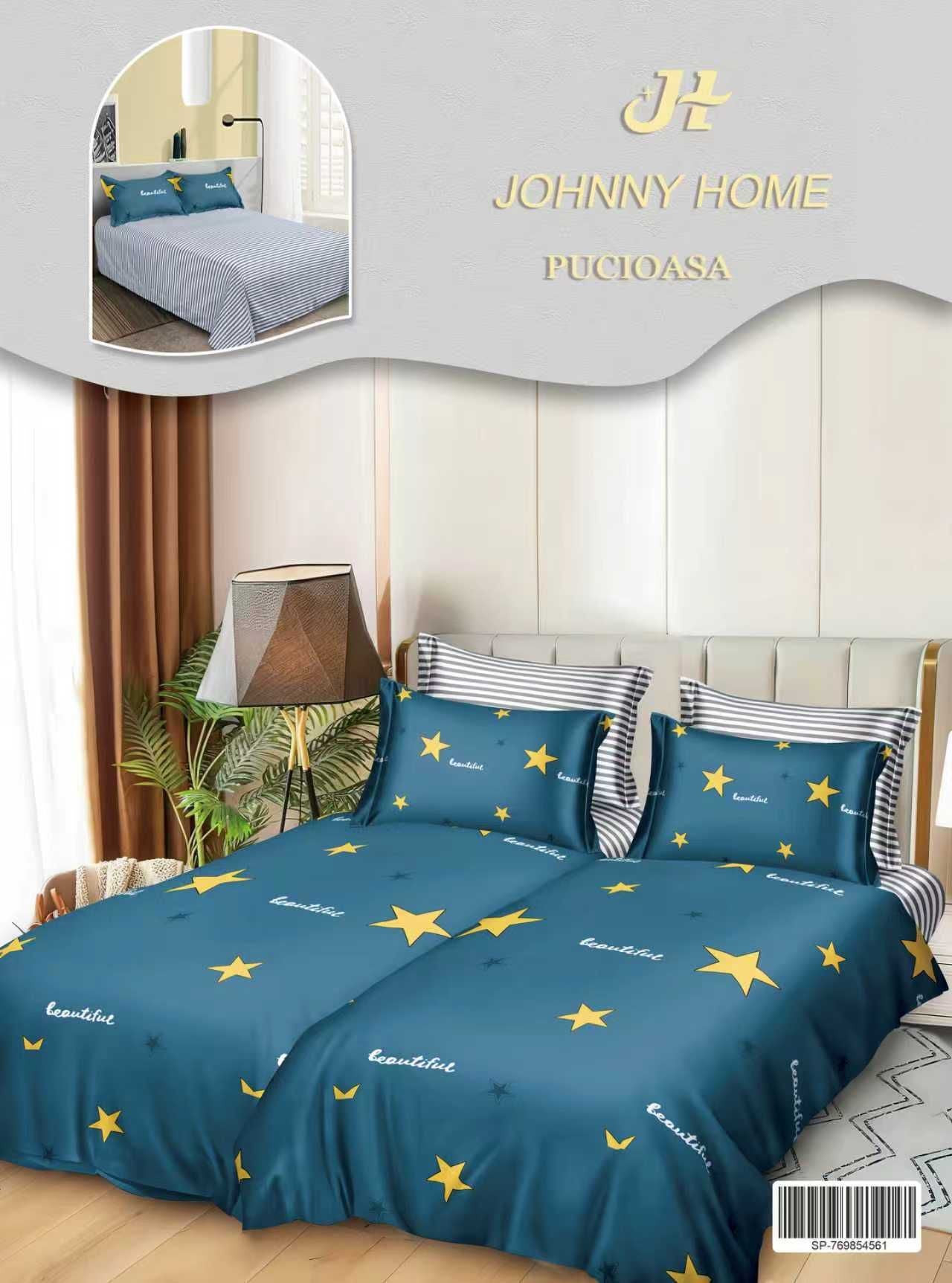 Lenjerie Pat Dublu Bumbac Satinat 7 Piese, cu 2 Cearceafuri de pilota, Stele-H8804