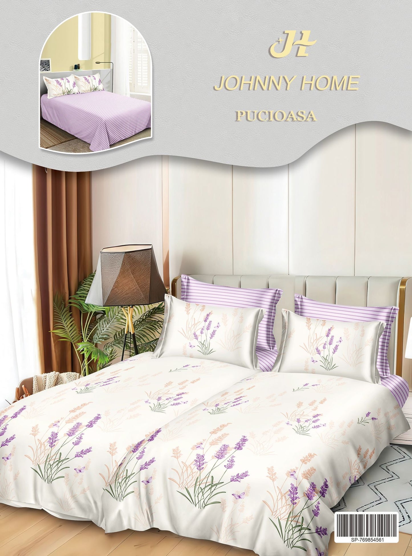 Lenjerie Pat Dublu Bumbac Satinat 7 Piese, cu 2 Cearceafuri de pilota, Flori-H8799