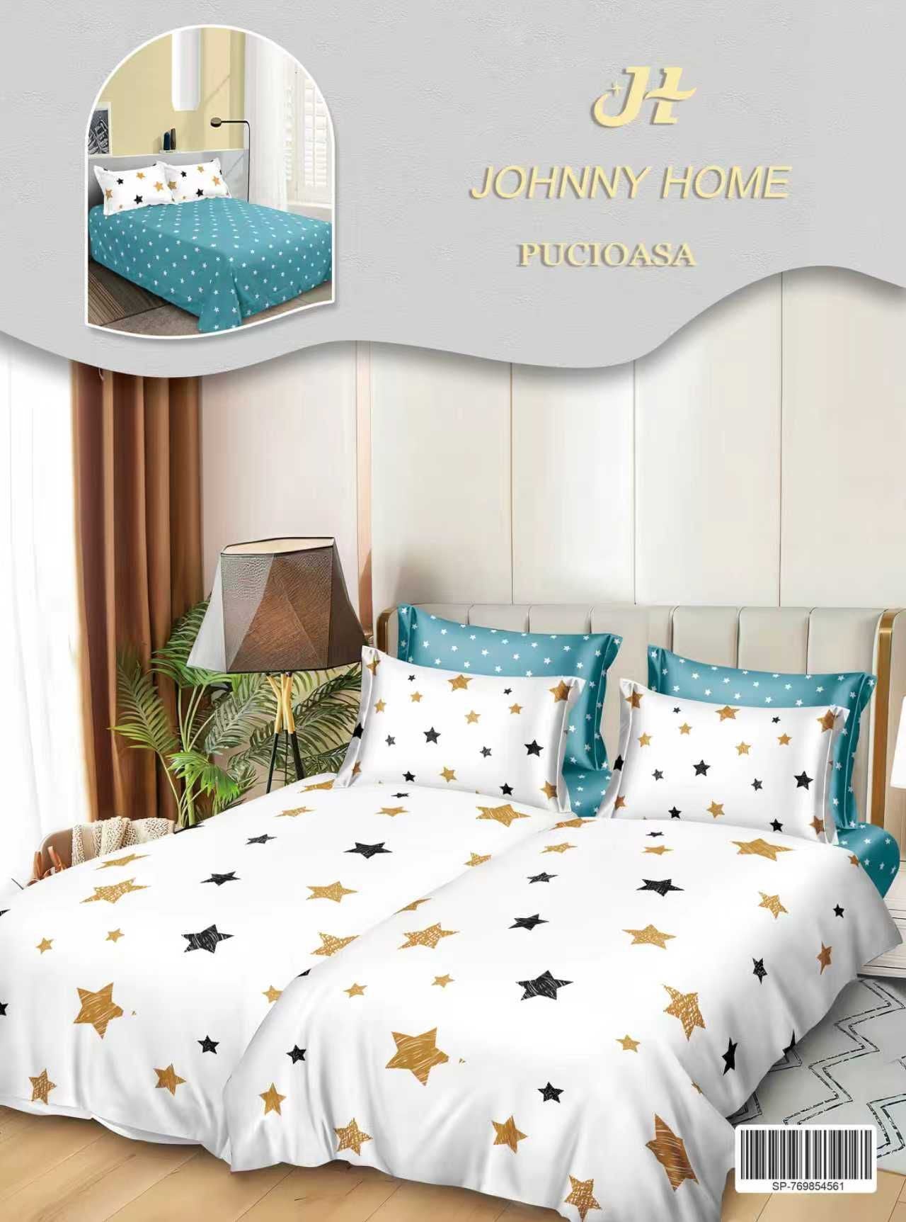 Lenjerie Pat Dublu Bumbac Satinat 7 Piese, cu 2 Cearceafuri de pilota, Stelute-H8790