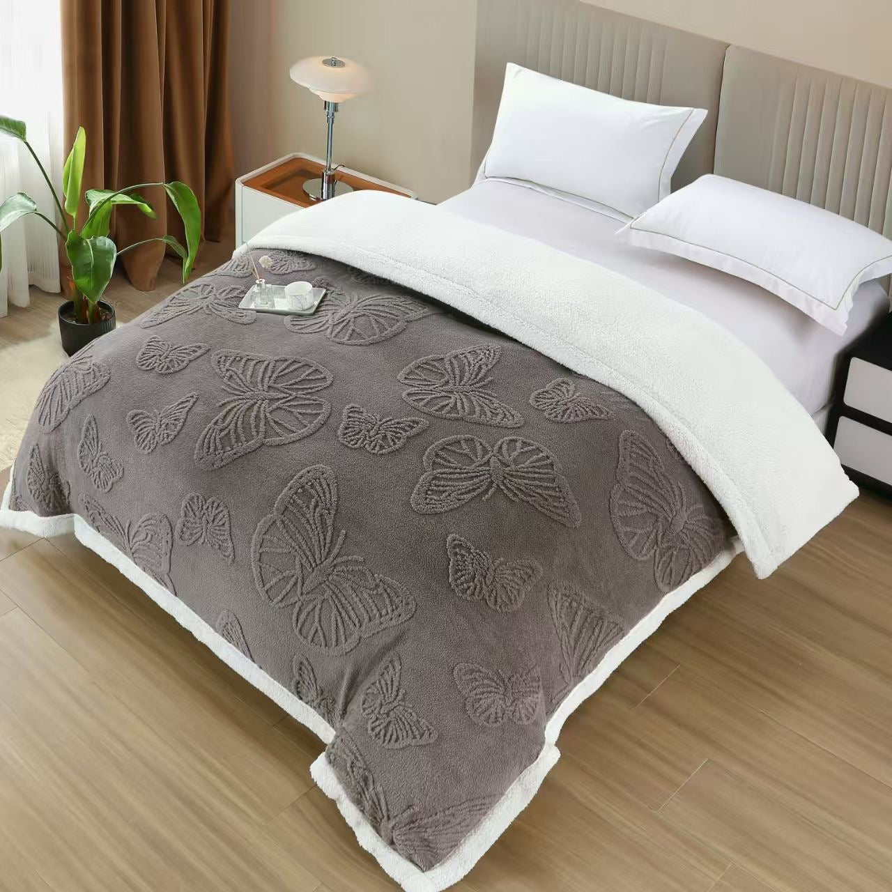 Patura Cocolino cu Fermoar, Blanita si Fluturi 3D Gofrati, Gri Inchis-H9285