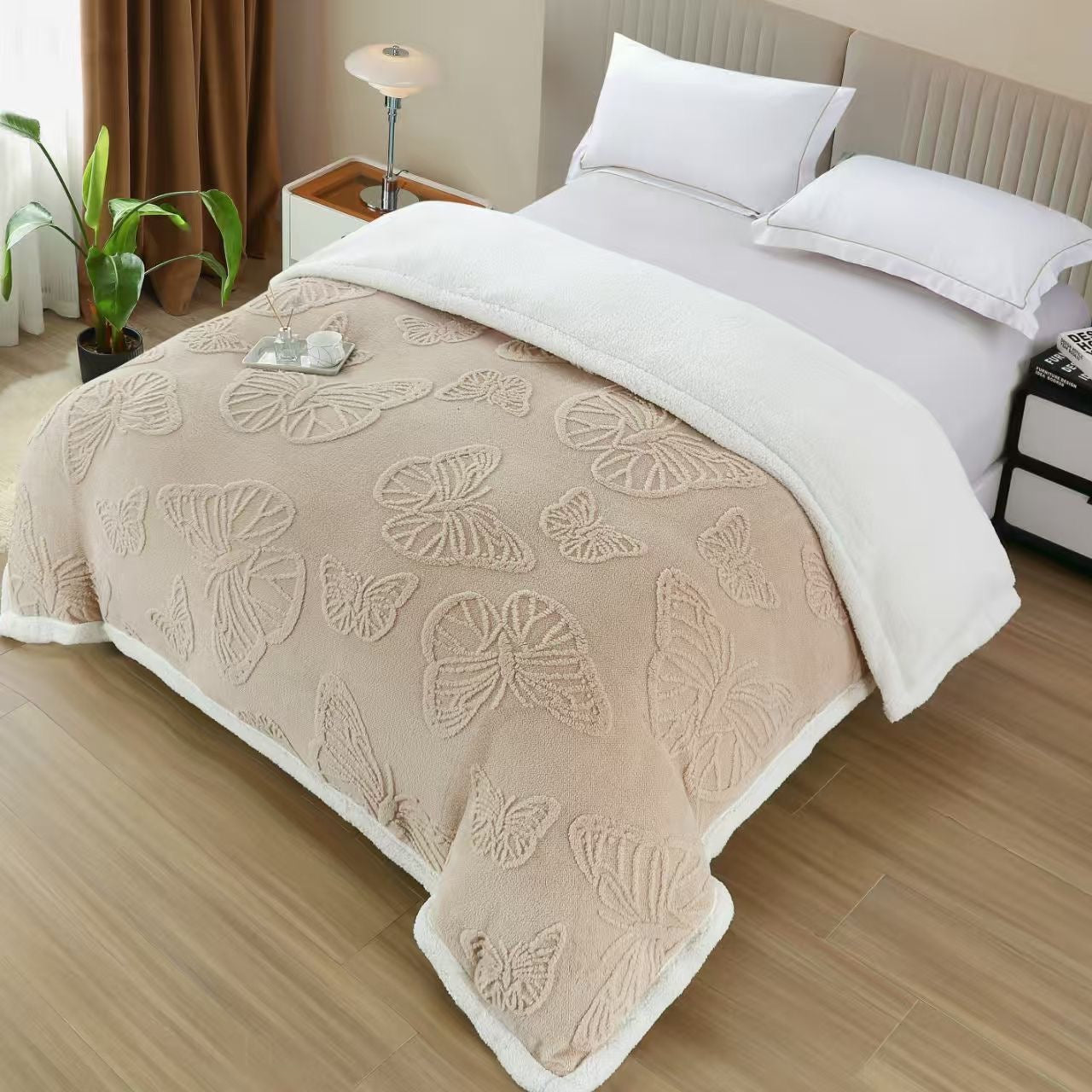 Patura Cocolino cu Fermoar, Blanita si Fluturi 3D Gofrati, Bej Deschis-H9284