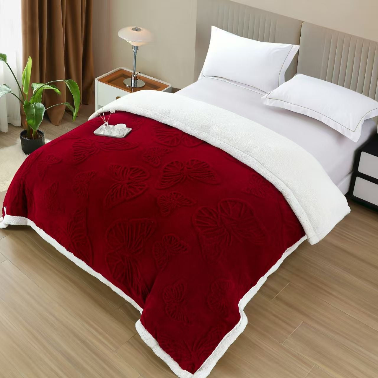Patura Cocolino cu Fermoar, Blanita si Fluturi 3D Gofrati, 200x230cm, Burgundy-H9280