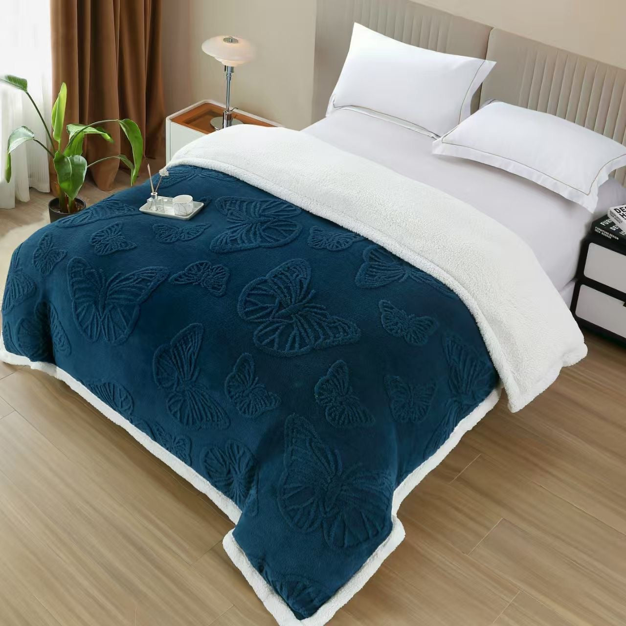 Patura Cocolino cu Fermoar, Blanita si Fluturi 3D Gofrati, Bleumarin-H9283