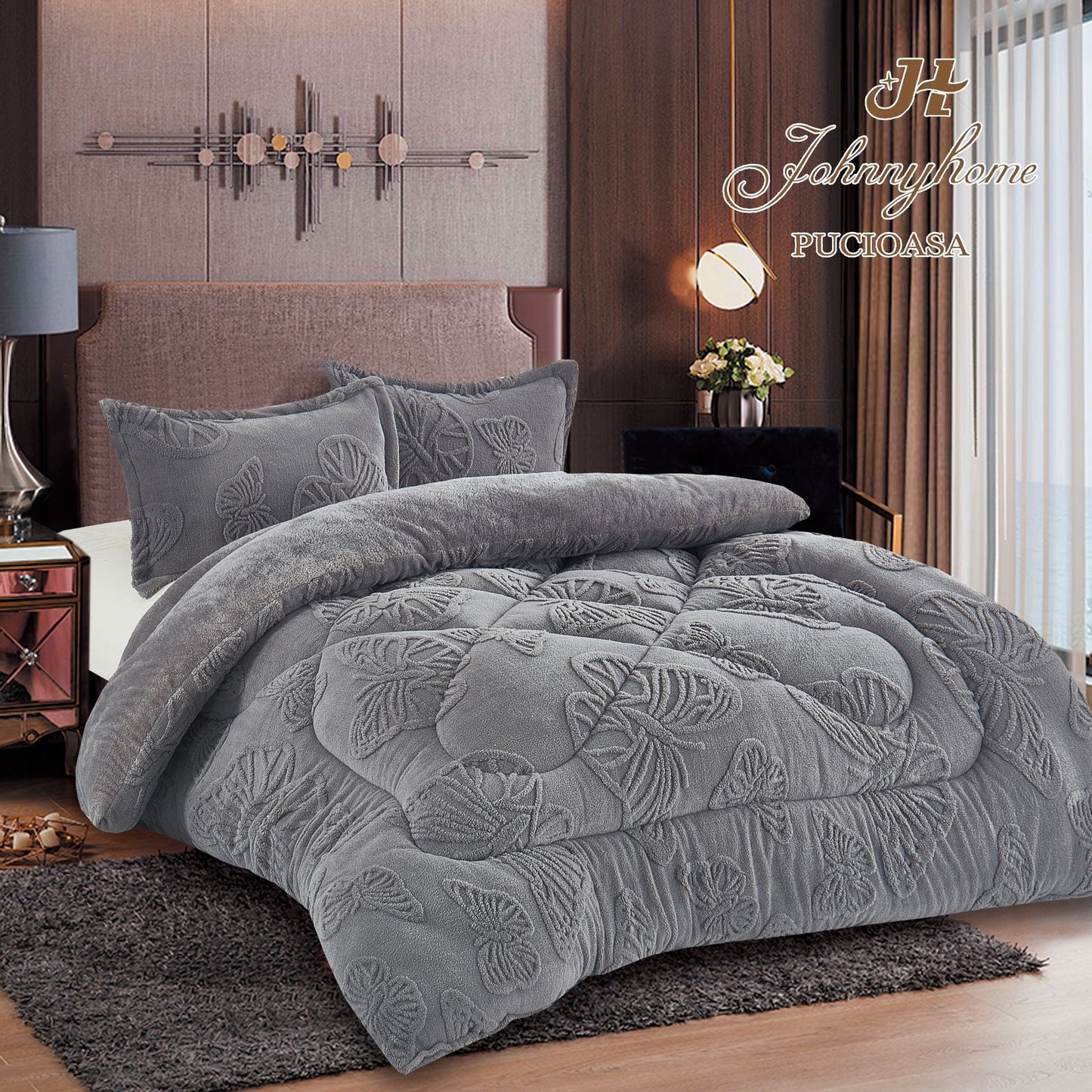 Pilota Cocolino cu Blanita, Fluturi 3D Gofrati, 200x230cm+2 Fete de Perna, Gri-H9254
