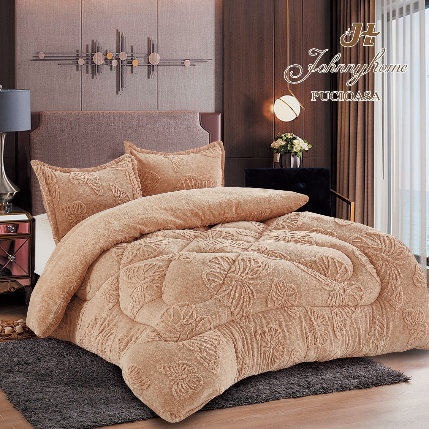 Pilota Cocolino cu Blanita, Fluturi 3D Gofrati, 200x230cm+2 Fete de Perna, Bej-H9259