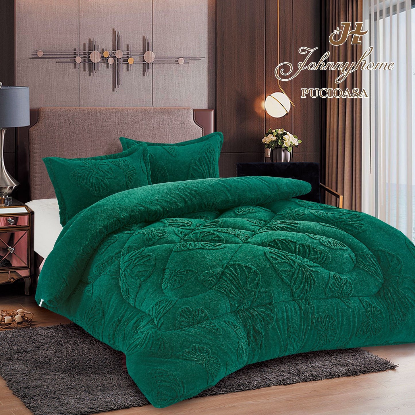 Pilota Cocolino cu Blanita, Fluturi 3D Gofrati, 200x230cm+2 Fete de Perna, Verde-H9256