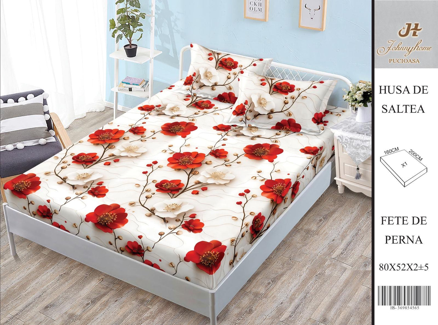 Husa de pat din Bumbac Satinat, 160x200cm+2 Fete de Perna 52x80cm-H9980