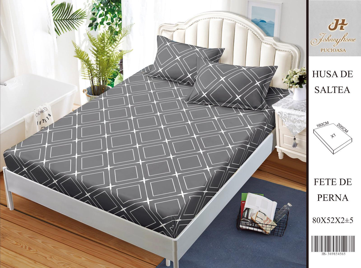 Husa de pat din Bumbac Satinat, 160x200cm+2 Fete de Perna 52x80cm-H9989