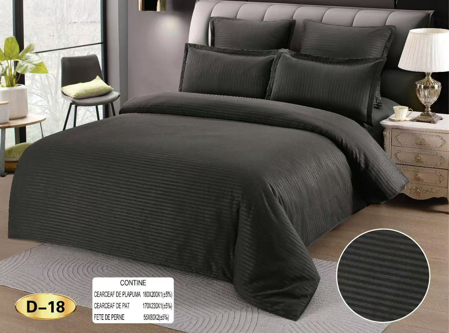 Lenjerie Pat 1 Persoana din Damasc Deluxe, 4 Piese, Gri Inchis-D10417
