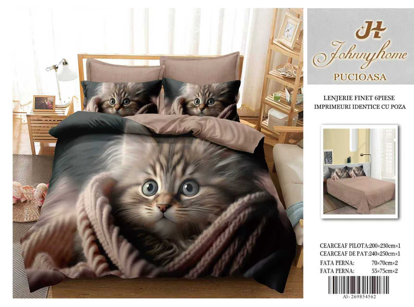 Lenjerie 5D Finet 6 Piese, Imprimeu Identic cu Poza, Pisicuta-H9633