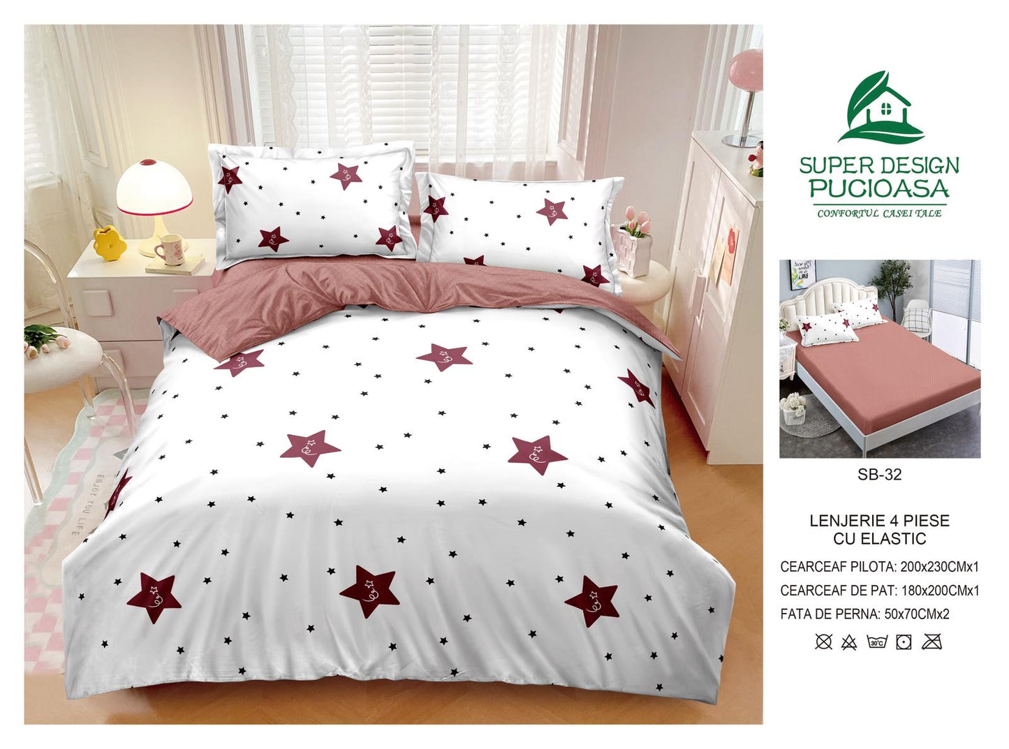 Lenjerie Pat Dublu cu Elastic din Bumbac Satinat Superior cu 4 Piese, Stele-V8751