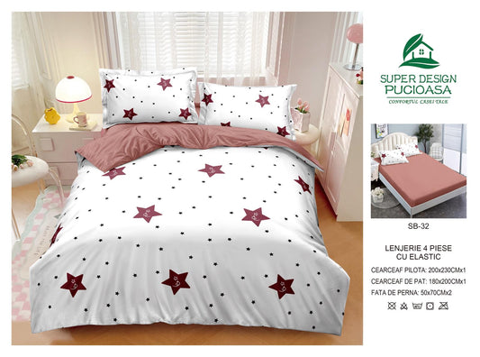 Lenjerie Pat Dublu cu Elastic din Bumbac Satinat Superior cu 4 Piese, Stele-V8751