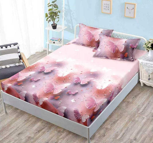 Husa de Pat cu Elastic, din Finet, 160x200cm+2 Fete de Perna, Fluturi-V10759