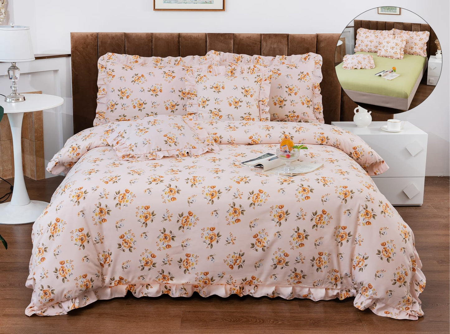 Lenjerie Bumbac Tip Finet, 6 Piese, cu Elastic si Volanas, Floricele-A10339