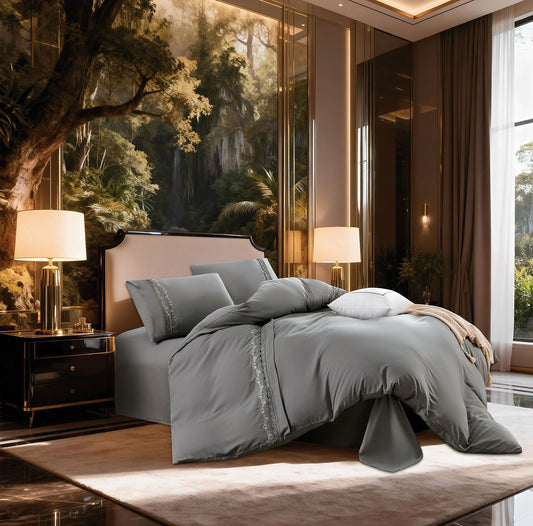 Lenjerie Luxury din Bumbac Finetat Superior, cu Dantela Brodata, 4 Piese, Gri-R10729