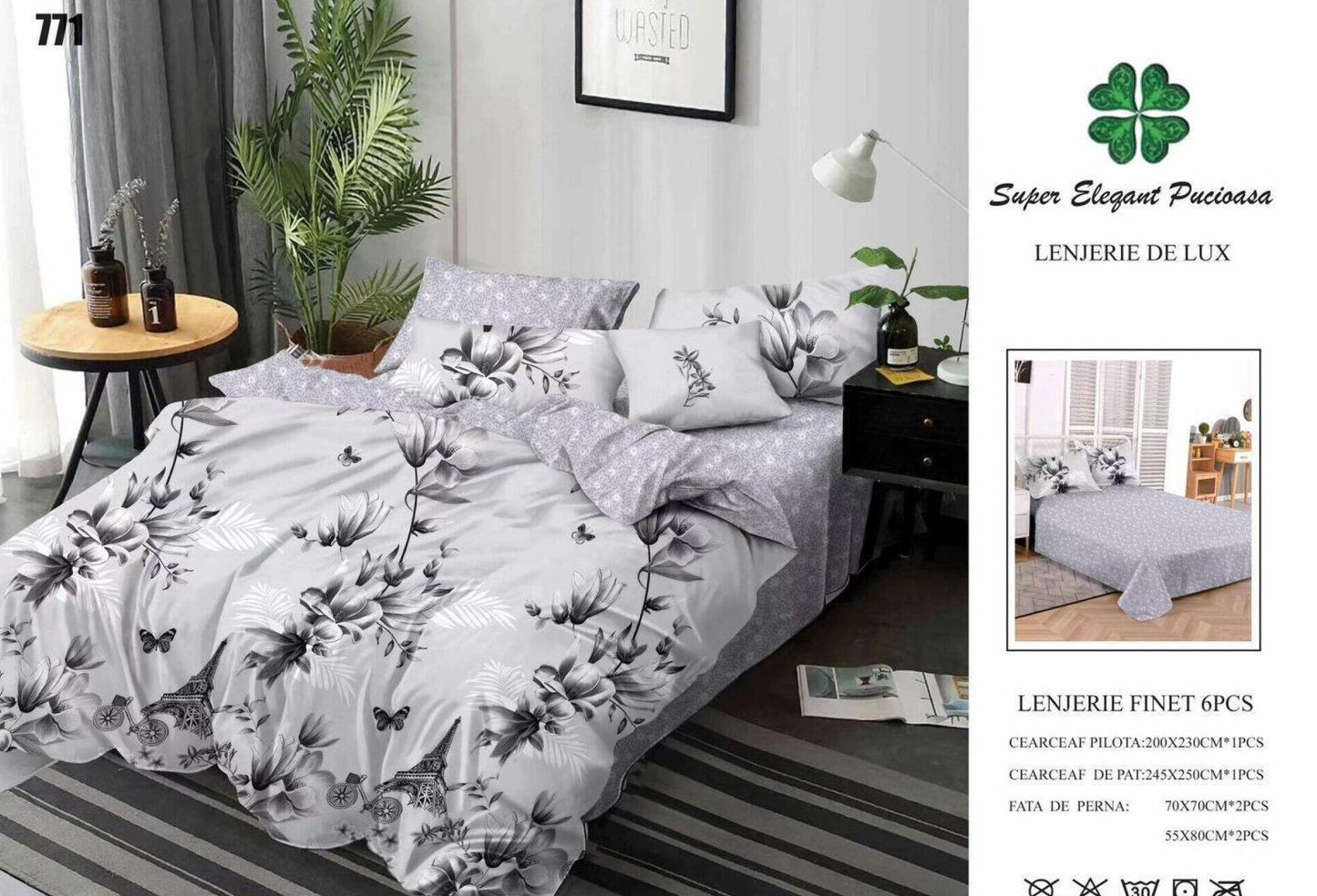 Lenjerie Pat Dublu din Finet, 6 Piese, Gri/Flori-SEP9079