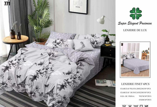 Lenjerie Pat Dublu din Finet, 6 Piese, Gri/Flori-SEP9079