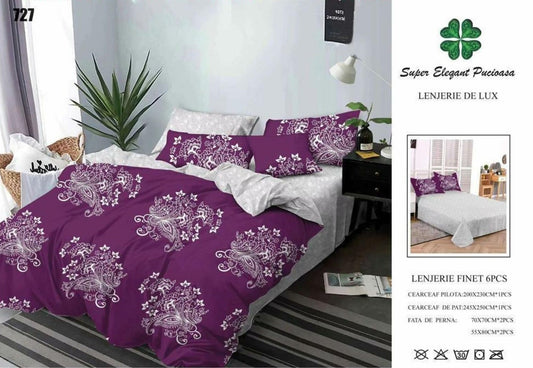 Lenjerie Pat Dublu din Finet, 6 Piese, Mov/Gri-SEP9080