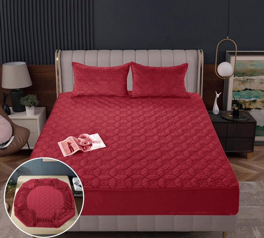 Husa matlasata tip topper din catifea, 180x200cm+2 fete de perna 50x70cm, Rosu Aprins-M9733