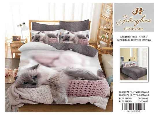 Lenjerie 5D Finet 6 Piese, Imprimeu Identic cu Poza, Pisicuta-H9636