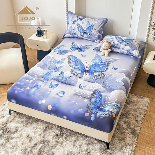 Husa de Pat cu Elastic, din Finet, 160x200cm+2 Fete de Perna, Imprimeu Digital, Fluturi-C10157