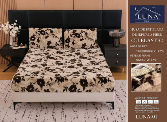 Husa Cocolino cu Elastic din Blanita Artificiala de Iepure, 180x200cm+2 Fete de Perna, Flori-L10140