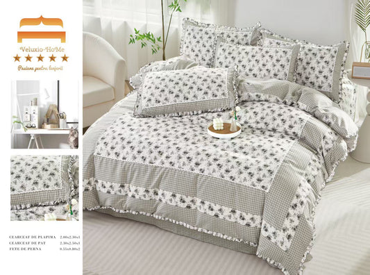 Lenjerie Bumbac Finet Premium 4 Piese cu Volanase, Floricele-M9568