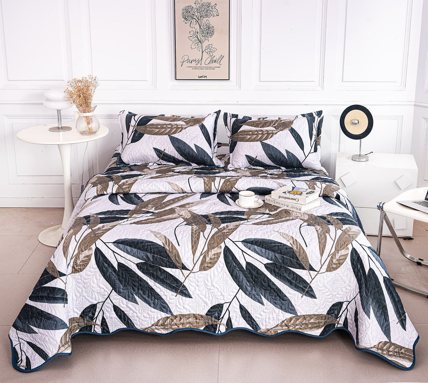 Cuvertura De Pat 3 Piese, din Bumbac Satinat, Frunze-A9841